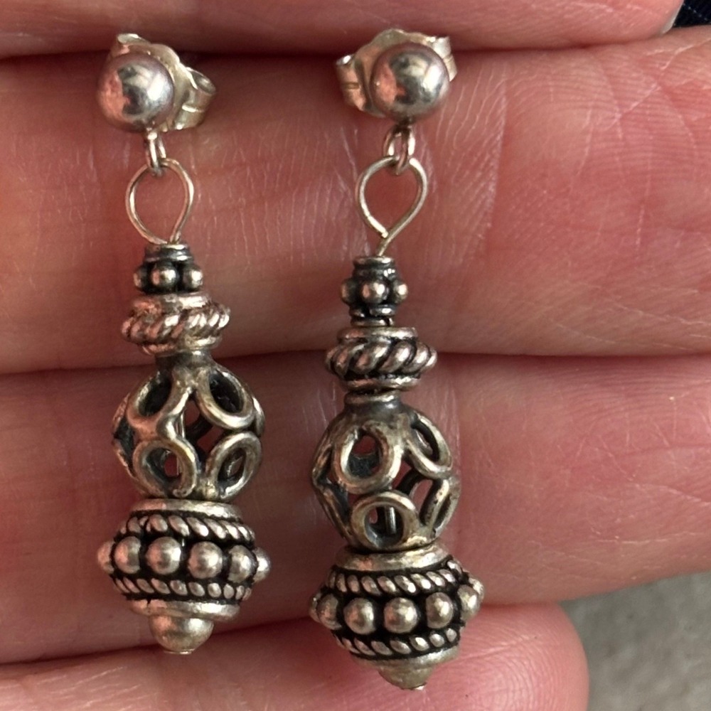 Drop Earrings Silver Sterling Balinese Granulated Dangle Oxidized Boho 1.25in